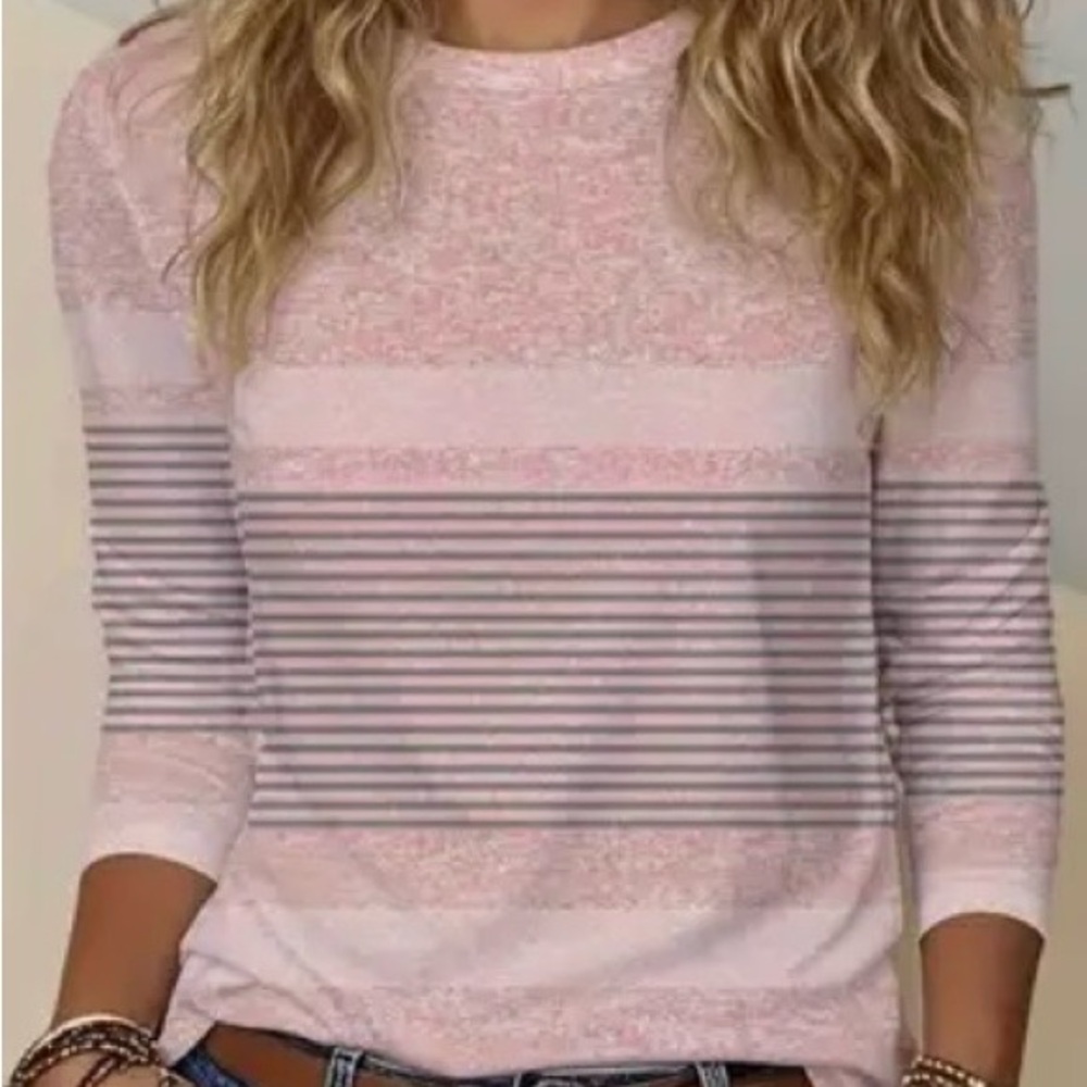 Women's Pink Striped Long Sleeve Crewneck Top - Picture 4 of 9